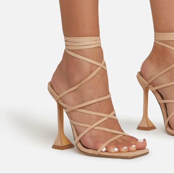 Square Toe Lace Up Nude Heels - Picture 2 of 3